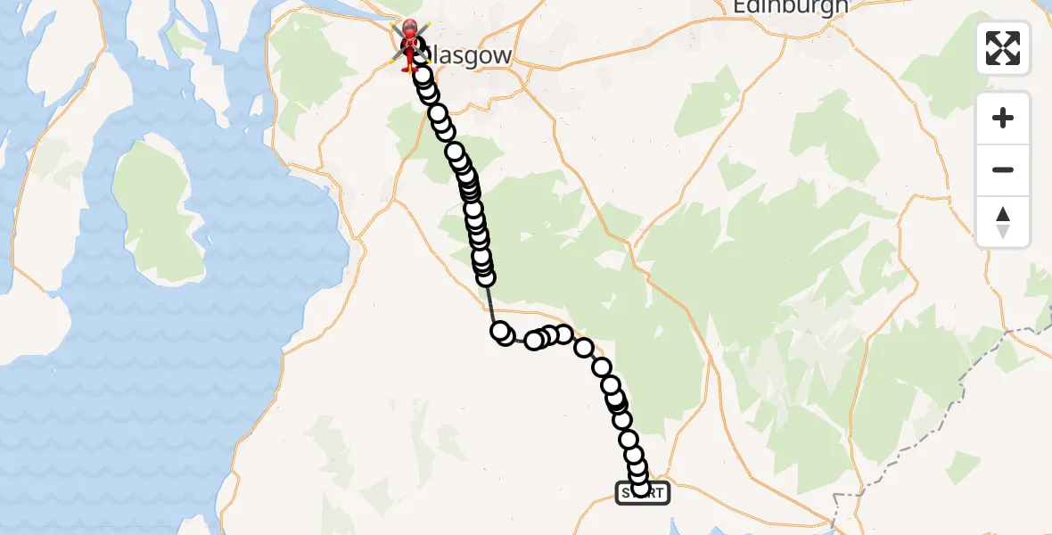 Flight path map showing Air Ambulance Helicopter route from Cargenbridge to Glasgow Airport