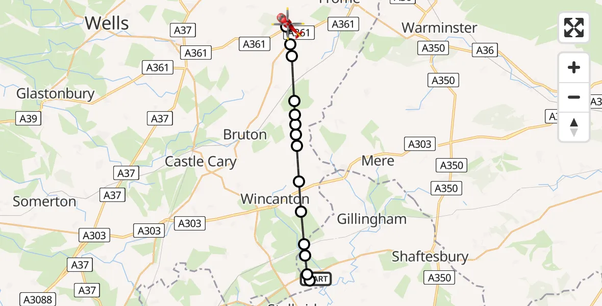 Flight path map showing Air Ambulance Helicopter route from Henstridge Airfield to Nunney