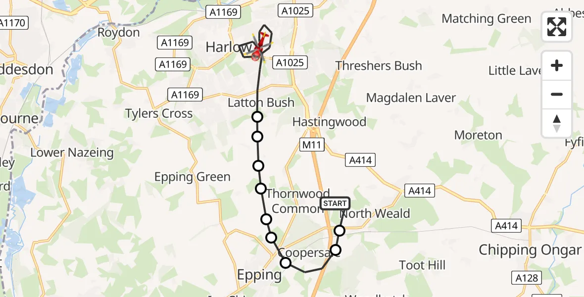 Flight path map showing Air Ambulance Helicopter route from North Weald Airfield to Harlow