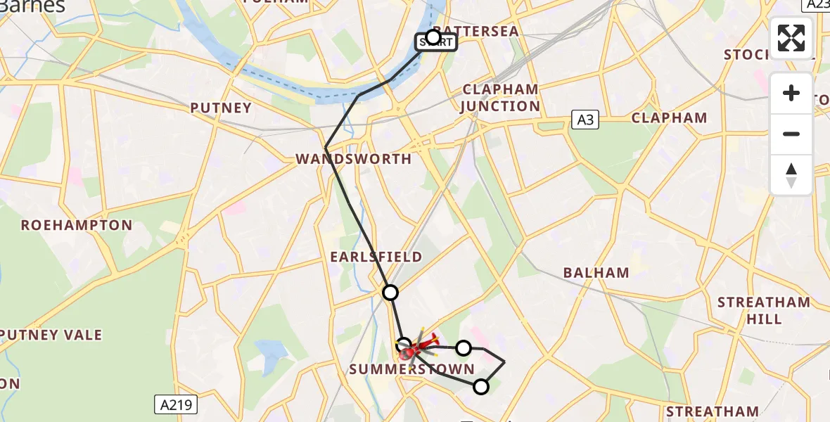 Flight path map showing Air Ambulance Helicopter route from London Heliport to Summerstown