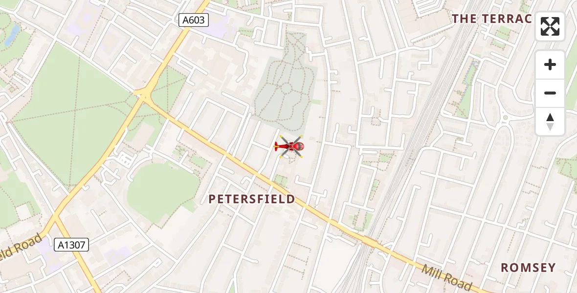 Flight path map showing Air Ambulance Helicopter route from Cambridge to Cambridge