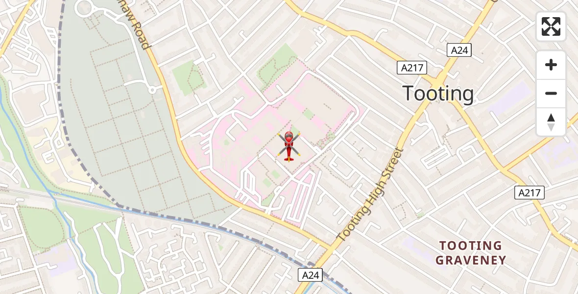 Flight path map showing Air Ambulance Helicopter route from St Georges Hospital to St Georges Hospital
