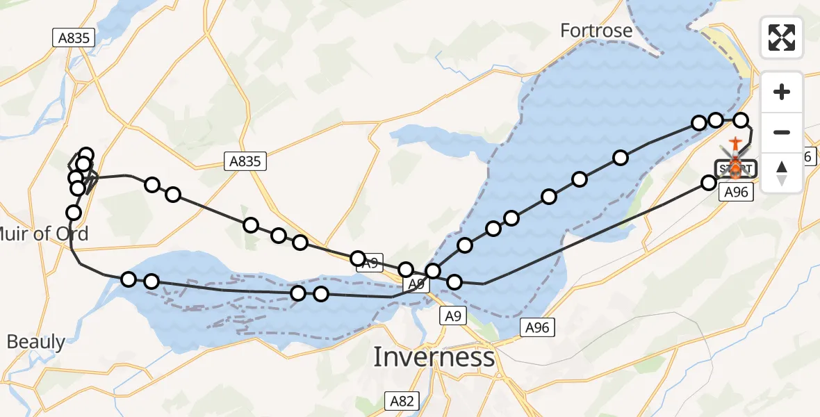 Flight path map showing Coastguard Helicopter route from Inverness Airport to Inverness Airport