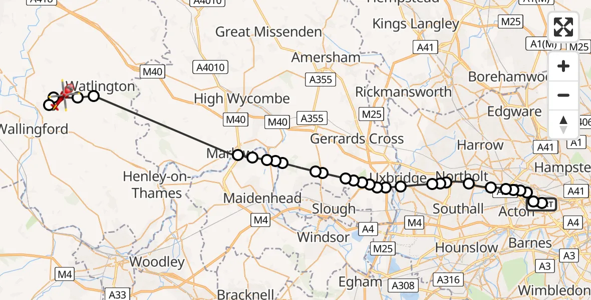 Flight path map showing Air Ambulance Helicopter route from Shepherd's Bush to Ewelme