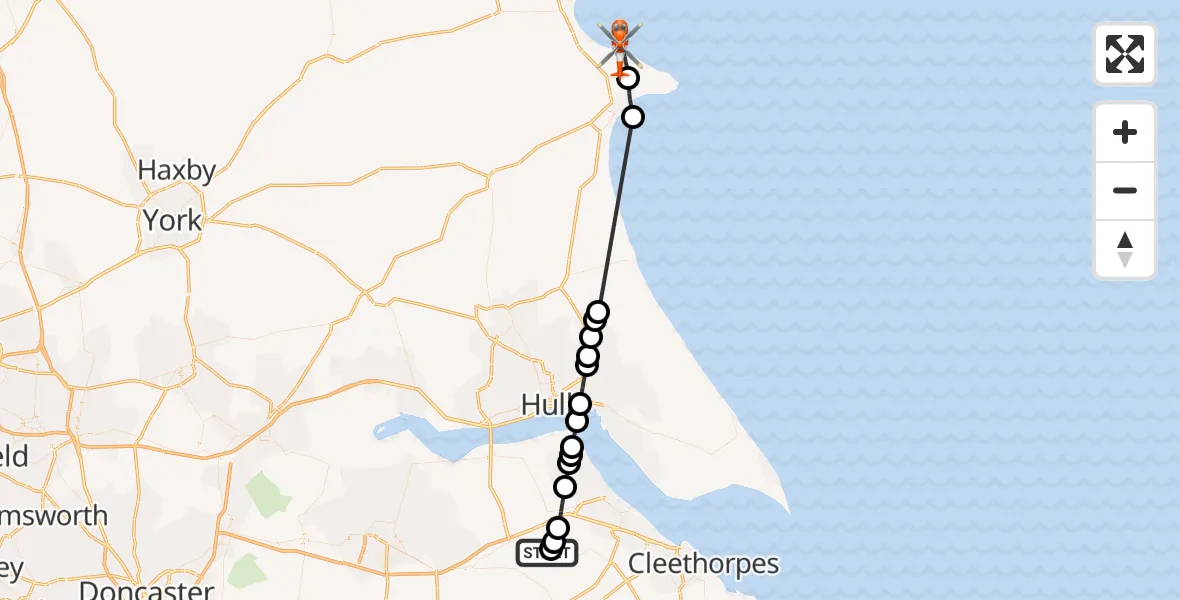 Flight path map showing Coastguard Helicopter route from Humberside Airport to Bempton