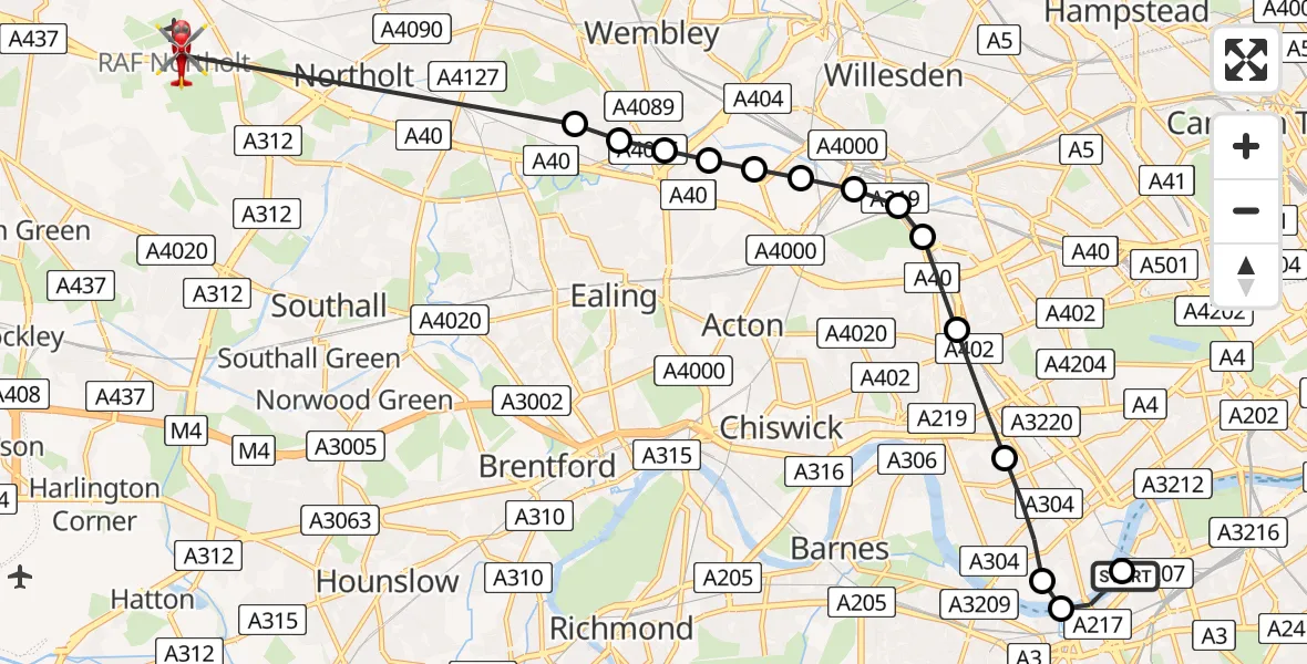 Flight path map showing Air Ambulance Helicopter route from London Heliport to RAF Northolt