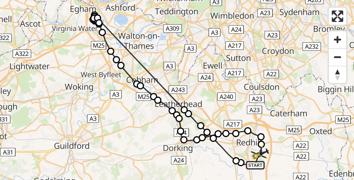 Routekaart van de vlucht: Police Helicopter to South Nutfield, Kings Mill Lane
