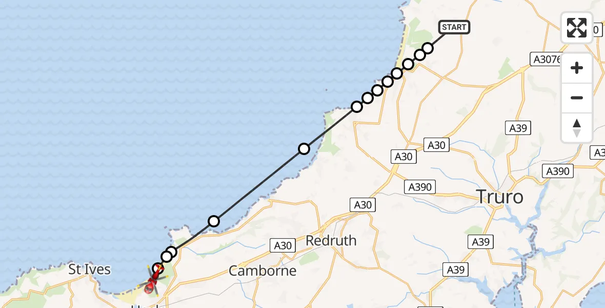 Flight path map showing Air Ambulance Helicopter route from Cubert to Hayle