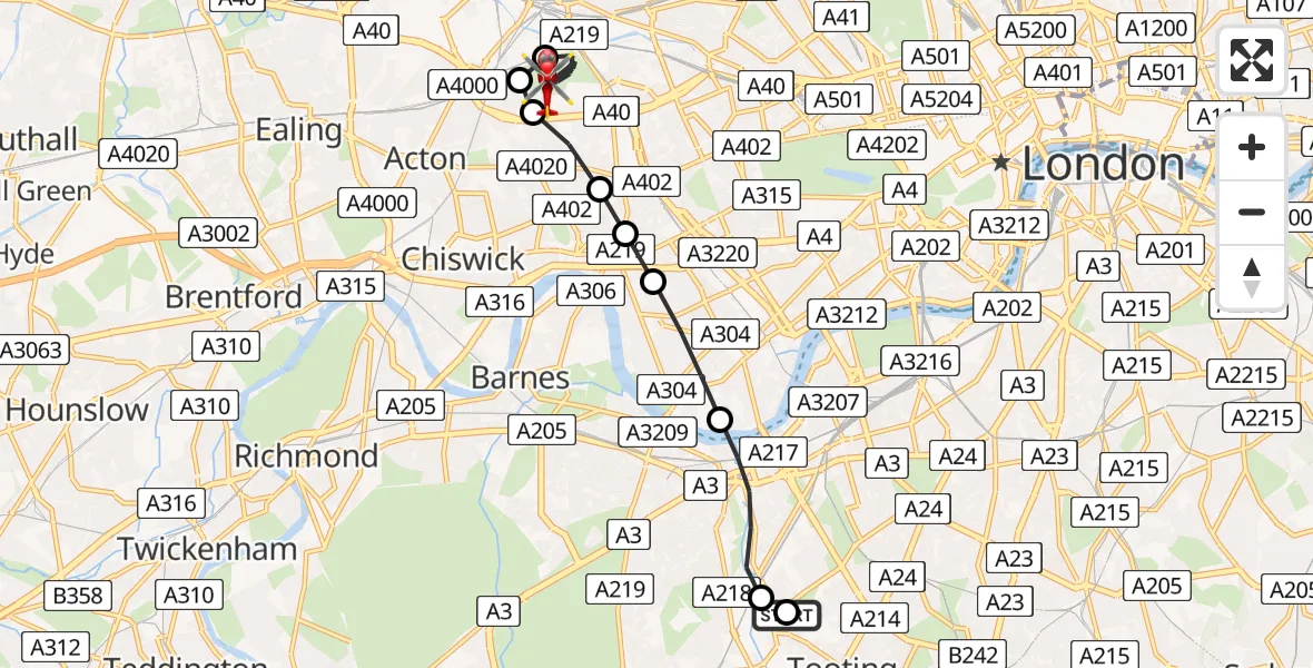 Flight path map showing Air Ambulance Helicopter route from Summerstown to Hammersmith and Fulham