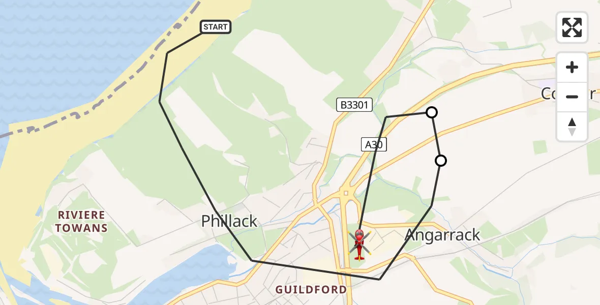 Flight path map showing Air Ambulance Helicopter route from Hayle to Hayle