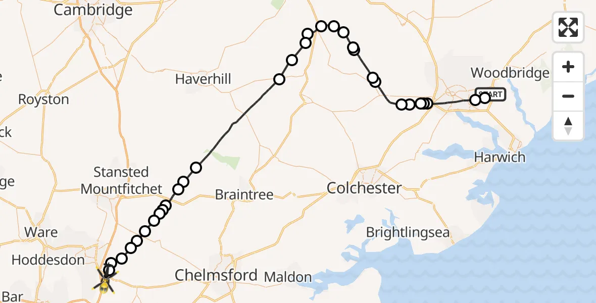 Routekaart van de vlucht: Police Helicopter to North Weald Bassett, Delved Bridge