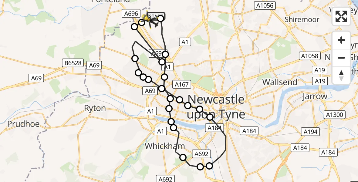 Flight path map showing Police Helicopter route from Newcastle International Airport to Newcastle International Airport