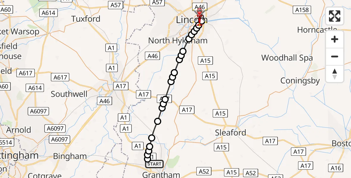 Flight path map showing Air Ambulance Helicopter route from Great Gonerby to Lincoln