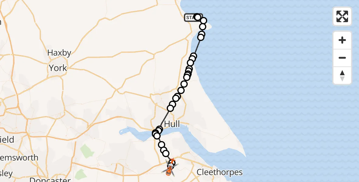 Flight path map showing Coastguard Helicopter route from Bempton to Humberside Airport