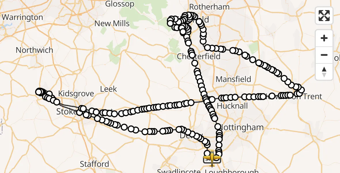 Flight path map showing Police Aircraft route from East Midlands Airport to East Midlands Airport
