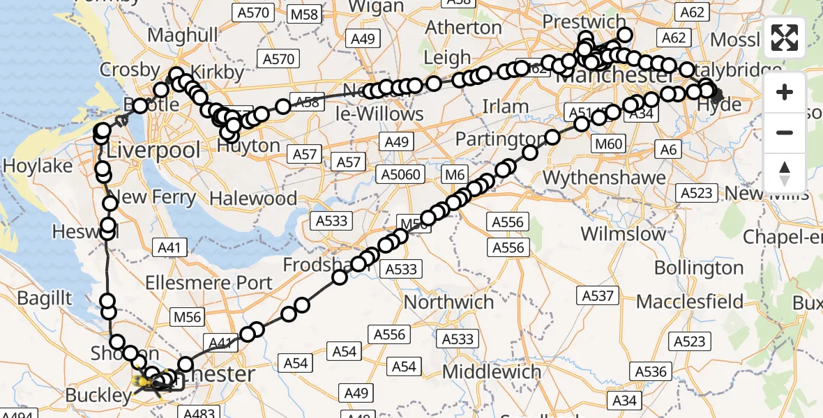 Flight path map showing Police Helicopter route from Hawarden Airport to Broughton