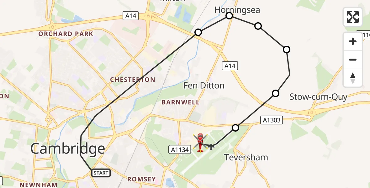 Flight path map showing Air Ambulance Helicopter route from Cambridge to Cambridge City Airport