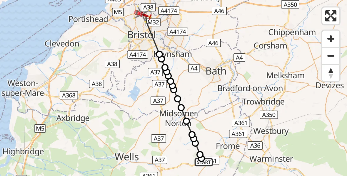 Flight path map showing Air Ambulance Helicopter route from Cloford to Bristol