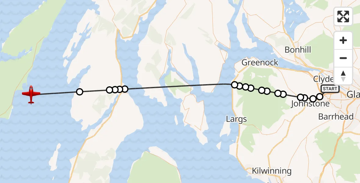 Flight path map showing Air Ambulance Aircraft route from Glasgow Airport to Inner Seas