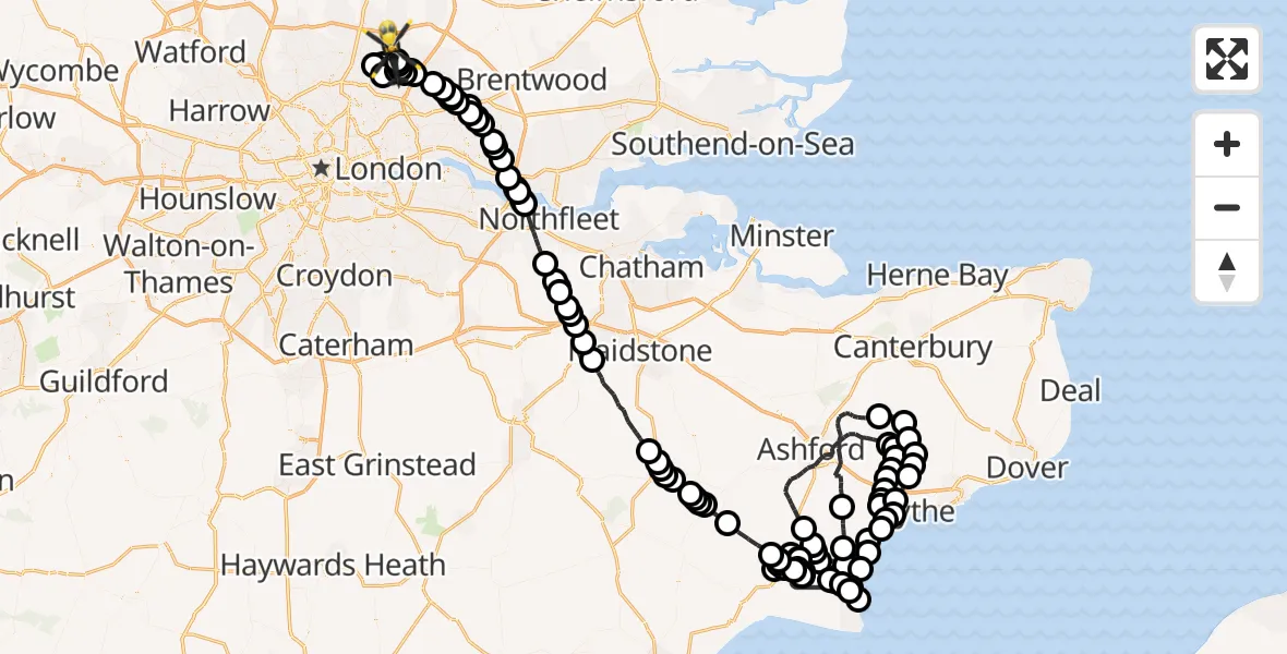 Flight path map showing Police Helicopter route from Folkestone and Hythe to Sewardstonebury