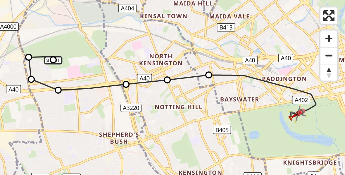 Flight path map showing Air Ambulance Helicopter route from Hammersmith and Fulham to City of Westminster