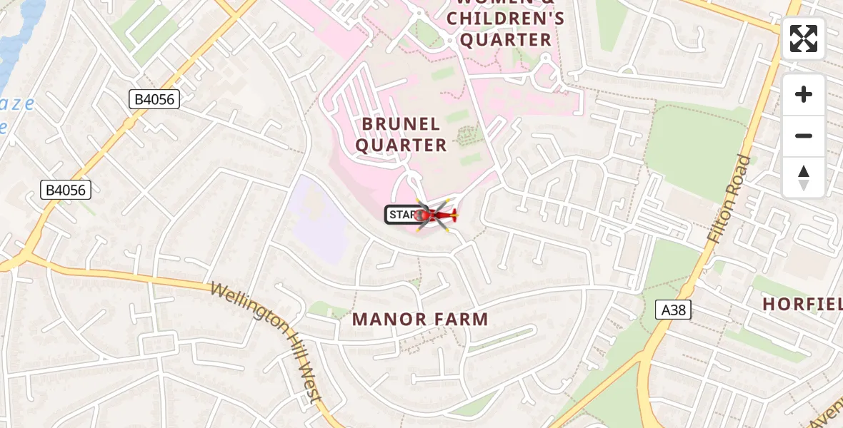 Flight path map showing Air Ambulance Helicopter route from Southmead Hospital to Bristol