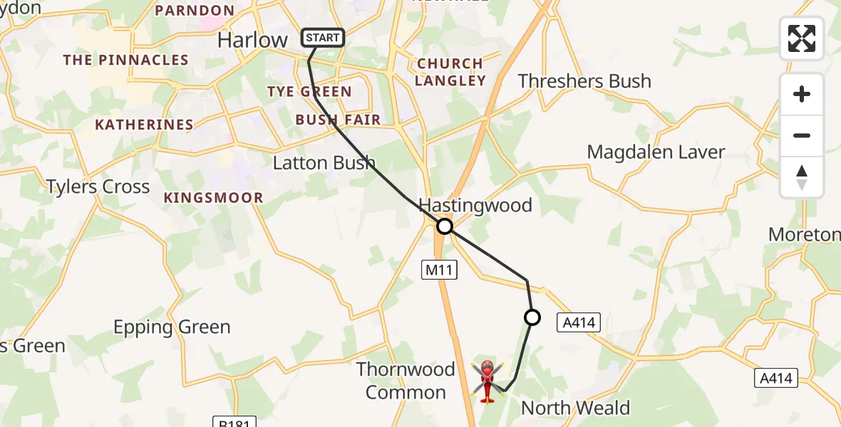Flight path map showing Air Ambulance Helicopter route from Harlow to North Weald Airfield