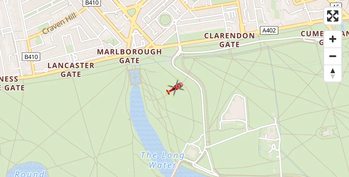 Flight path map showing Air Ambulance Helicopter route from City of Westminster to City of Westminster