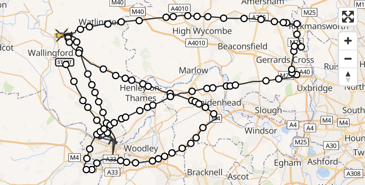 Flight path map showing Police Helicopter route from Crowmarsh Gifford to Benson