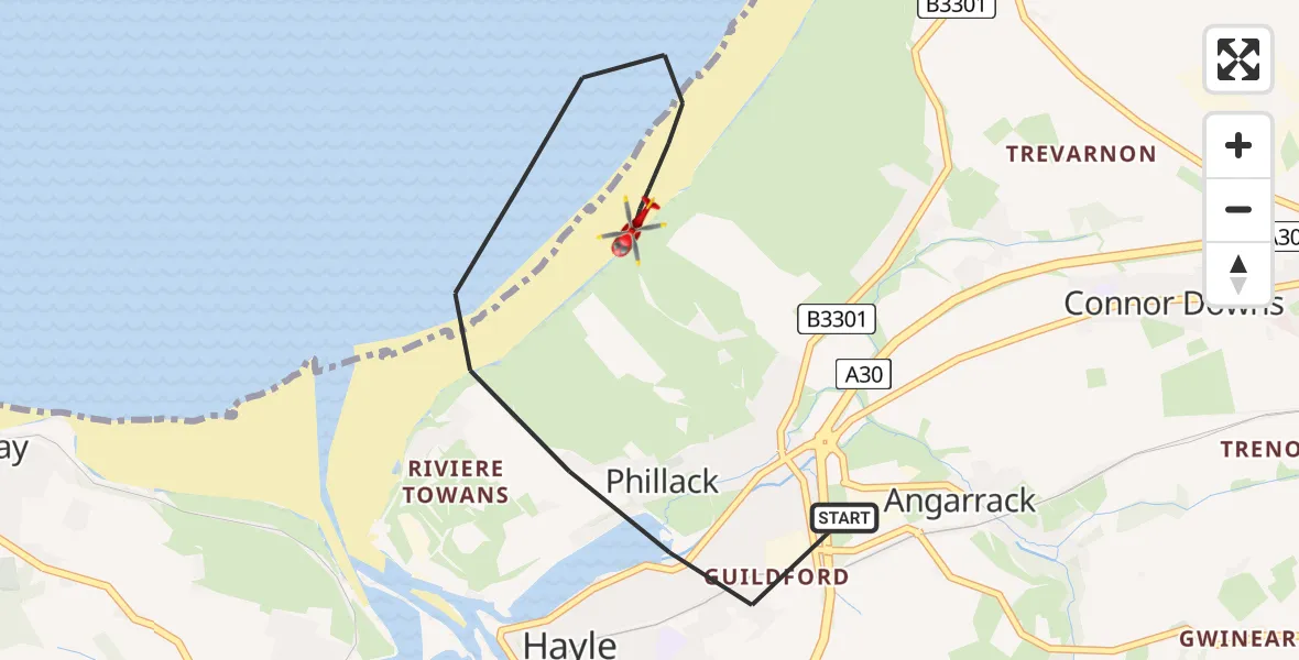 Flight path map showing Air Ambulance Helicopter route from Hayle to Hayle