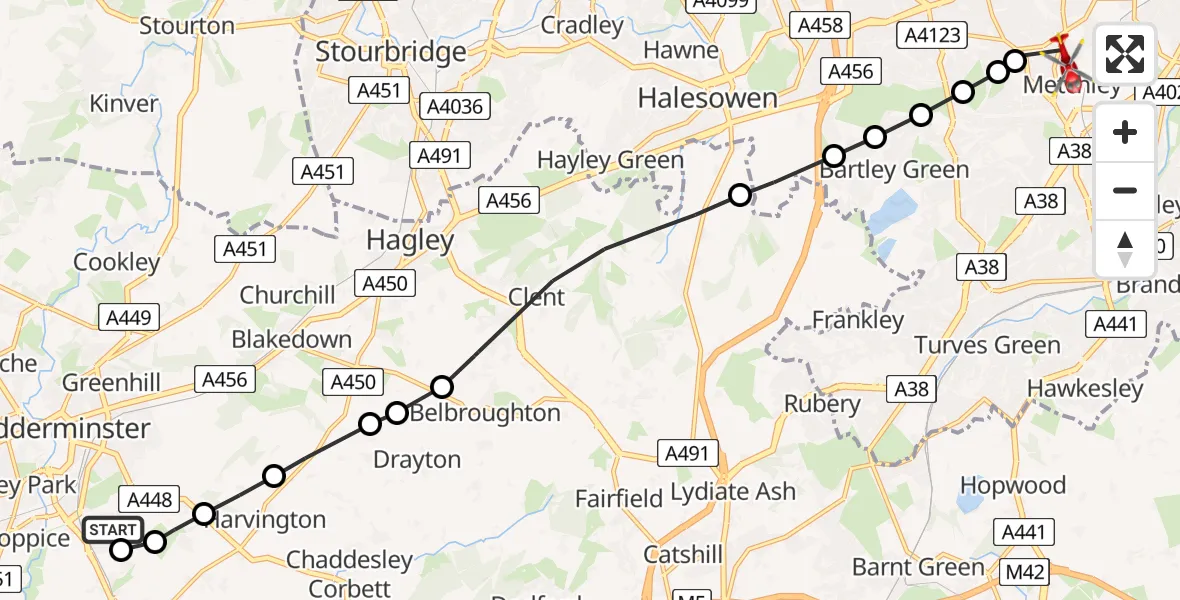 Flight path map showing Air Ambulance Helicopter route from Kidderminster to Metchley