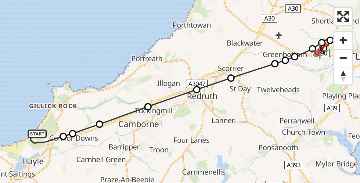 Flight path map showing Air Ambulance Helicopter route from Hayle to Treliske Hospital