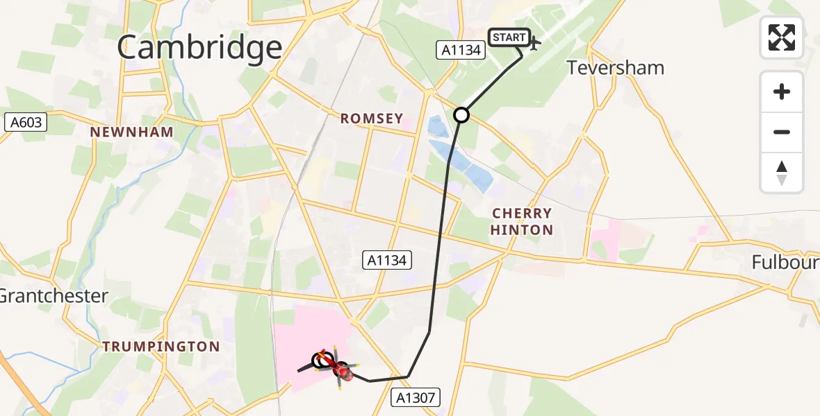 Flight path map showing Air Ambulance Helicopter route from Cambridge City Airport to Addenbrooke's Hospital Helipad