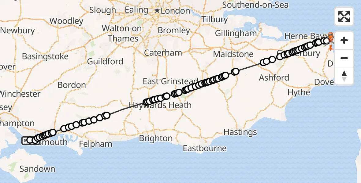 Flight path map showing Coastguard Helicopter route from Solent Airport to Manston Airport