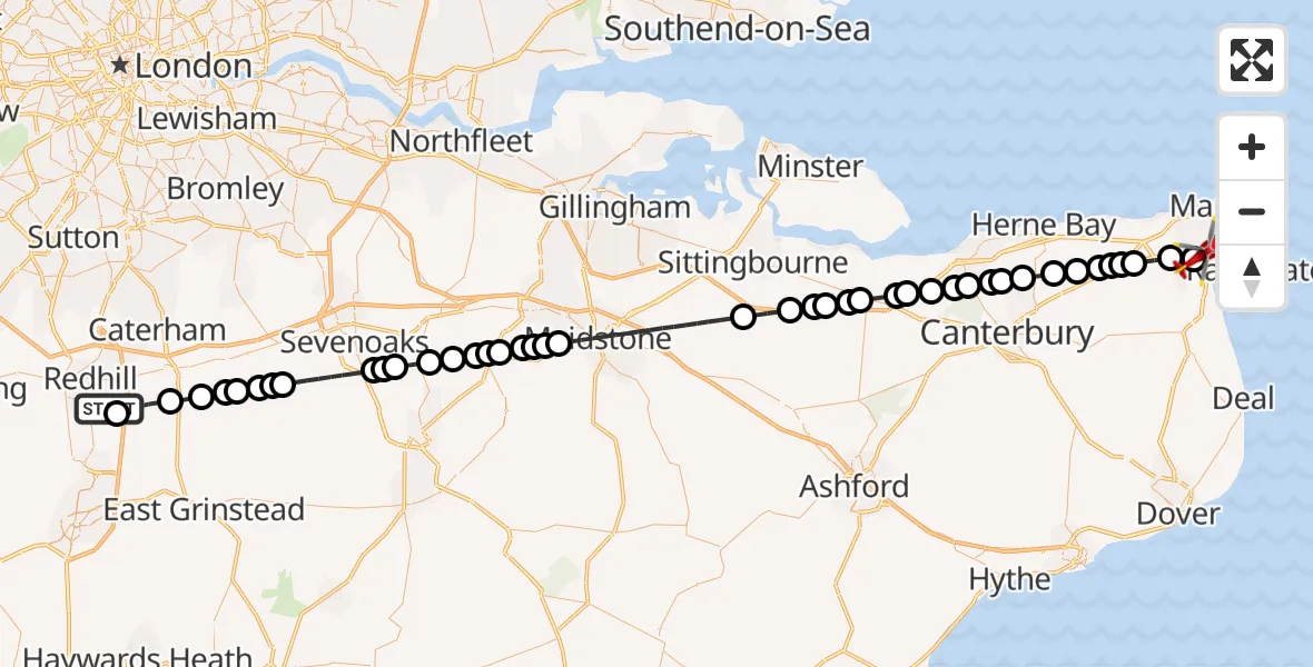 Flight path map showing Air Ambulance Helicopter route from Redhill Aerodrome to Manston Airport