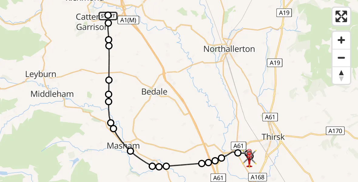 Flight path map showing Air Ambulance Helicopter route from Colburn to RAF Topcliffe