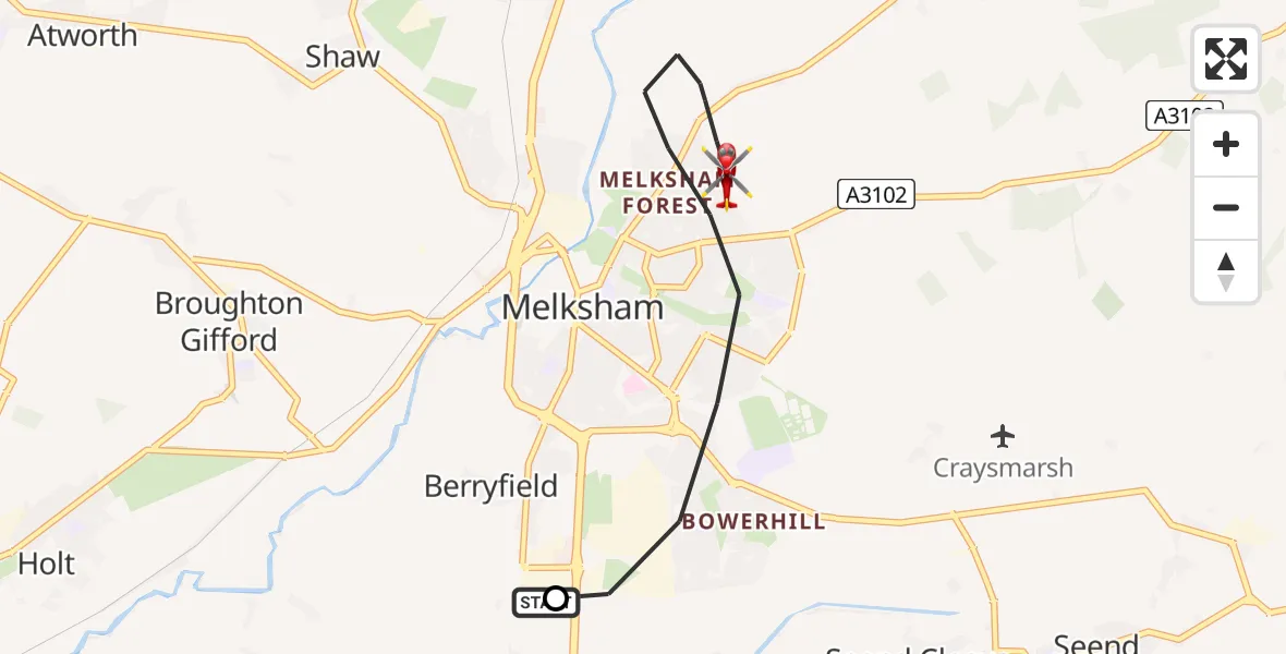 Flight path map showing Air Ambulance Helicopter route from Wiltshire Air Ambulance to Melksham