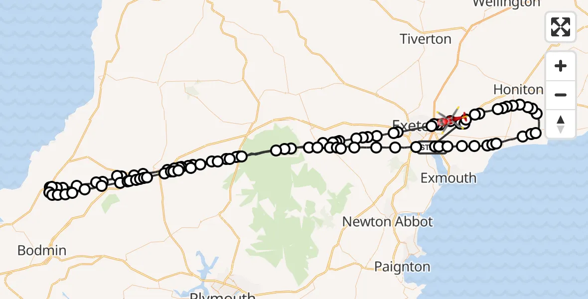 Flight path map showing Air Ambulance Helicopter route from Topsham to Exeter International Airport