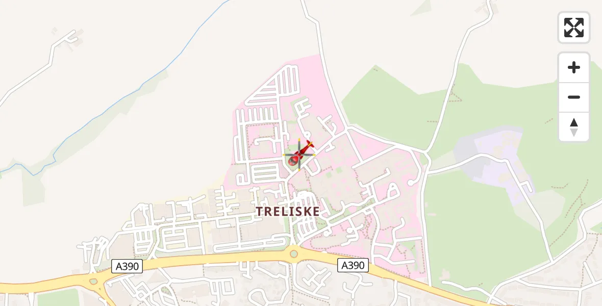 Flight path map showing Air Ambulance Helicopter route from Treliske Hospital to Treliske Hospital