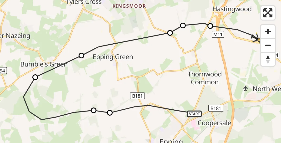 Flight path map showing Police Helicopter route from Epping to North Weald Bassett