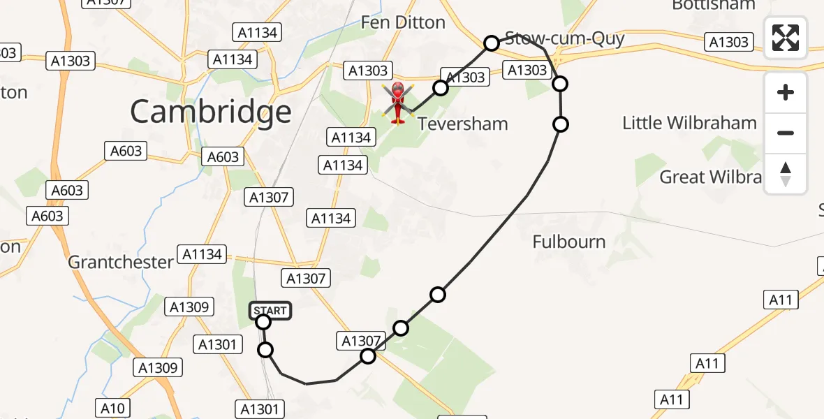 Flight path map showing Air Ambulance Helicopter route from Papworth Hospital to Cambridge City Airport