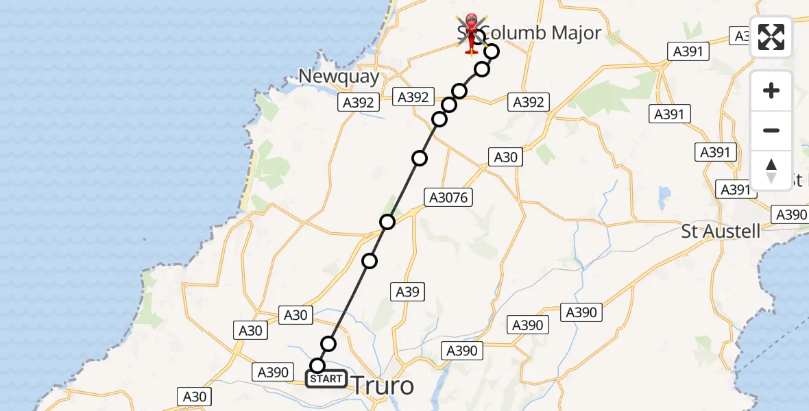 Flight path map showing Air Ambulance Helicopter route from Treliske Hospital to Cornwall Airport Newquay