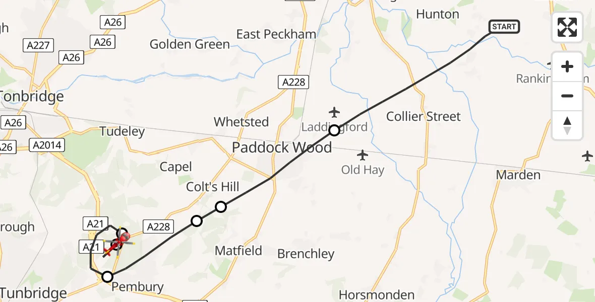 Flight path map showing Air Ambulance Helicopter route from Maidstone to Royal Tunbridge Wells