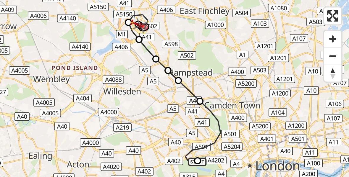 Flight path map showing Air Ambulance Helicopter route from City of Westminster to Hendon