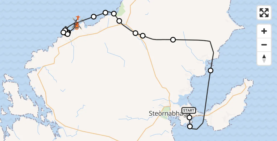 Flight path map showing Coastguard Helicopter route from Stornoway Airport to North Atlantic Ocean