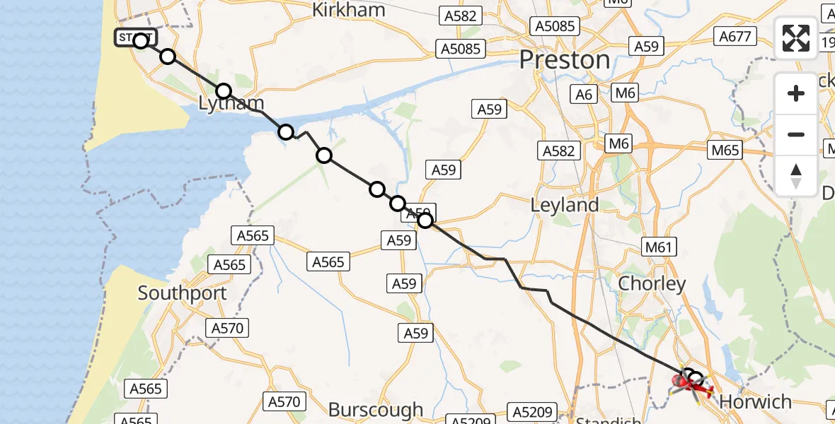 Flight path map showing Air Ambulance Helicopter route from Blackpool Airport to Bolton