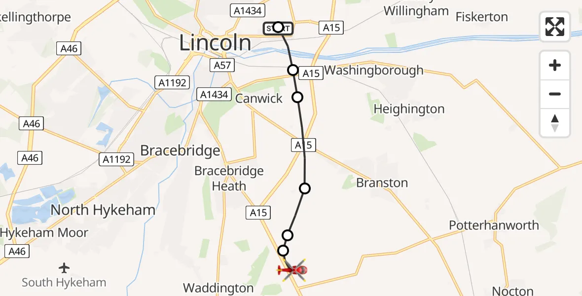 Flight path map showing Air Ambulance Helicopter route from Lincoln County Trauma Unit to North Kesteven