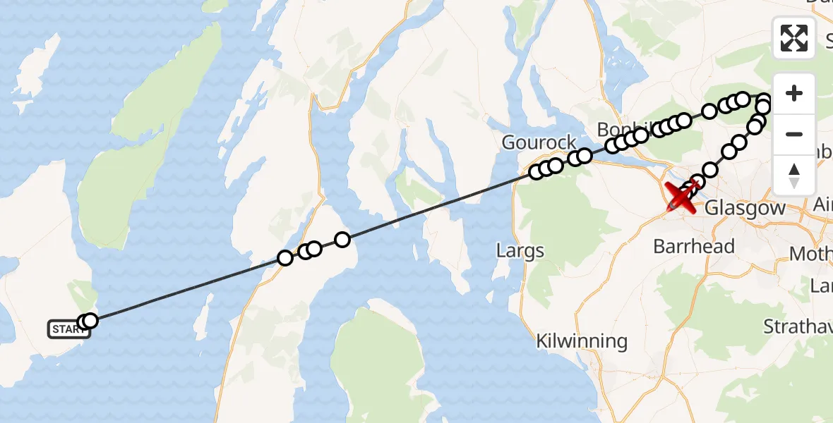 Flight path map showing Air Ambulance Aircraft route from Argyll and Bute to Glasgow Airport