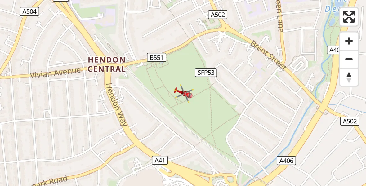 Flight path map showing Air Ambulance Helicopter route from Hendon Central to Hendon Central