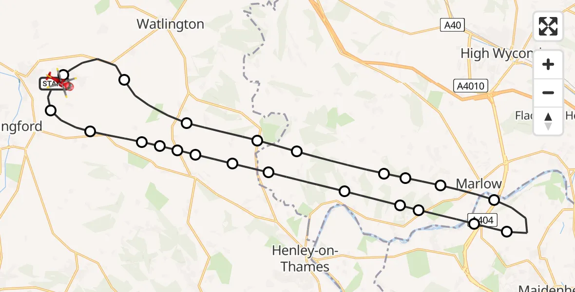Flight path map showing Air Ambulance Helicopter route from RAF Benson to RAF Benson